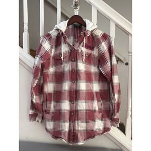 Harley-Davidson Womens Plaid Flannel Hooded Shirt Jacket Pink White Small